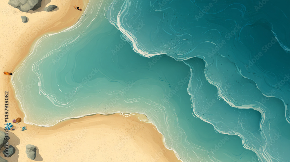 Fototapeta premium Aerial beach view with turquoise ocean waves and sandy shore summer vacation destination wallpaper art