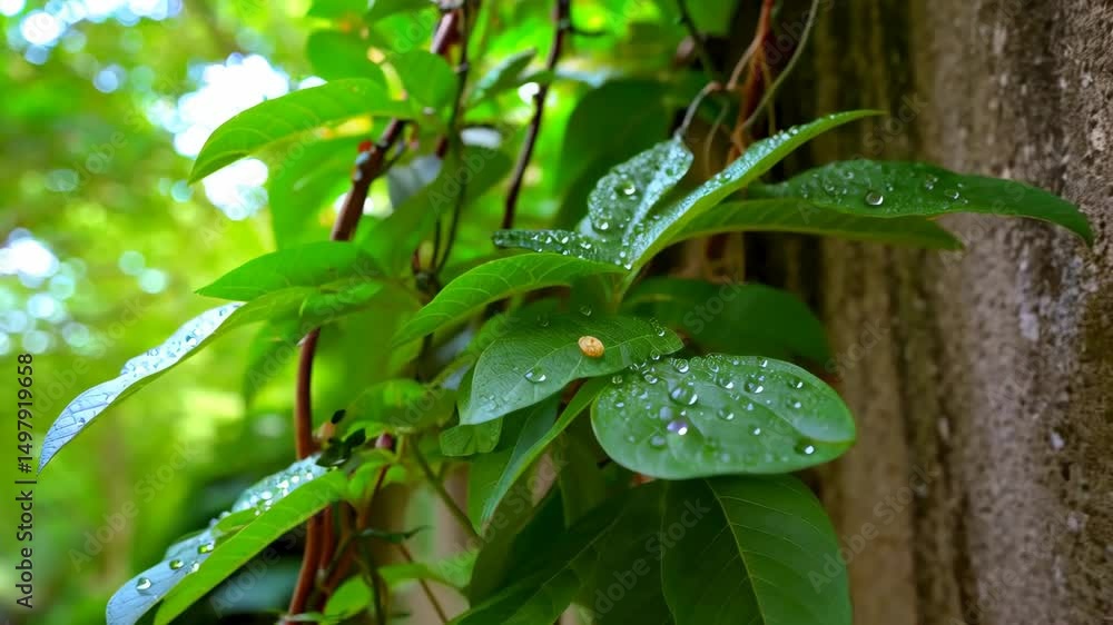 Tranquil summer scenery with green vines crawling over aged concrete wall under bright foliage and tree branches, creating a serene atmosphere. Tranquil summer scenery with green vines crawling over aged concrete wall under bright foliage and tree branches, creating a serene atmosphere.