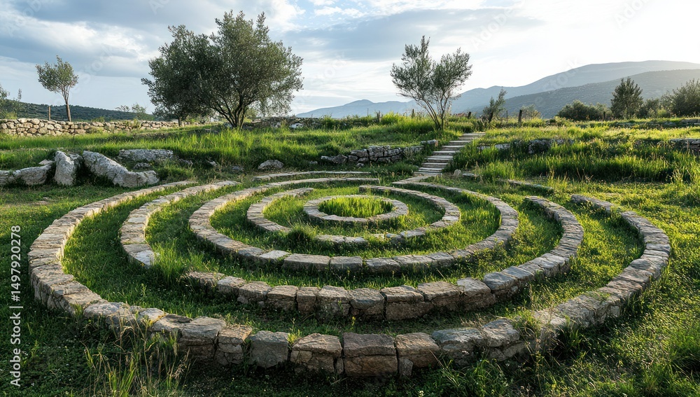 Ancient spiral stone structure in a grassy landscape, bathed in soft sunlight. Circular tiered stone walls form a spiral design in a grassy field. Ancient spiral stone structure in a grassy landscape, bathed in soft sunlight. Circular tiered stone walls form a spiral design in a grassy field.