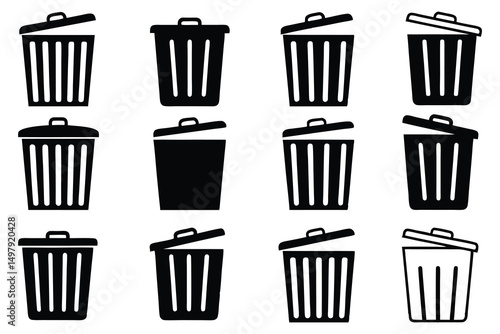 Set of Trash Bin Icons – Garbage, Delete, and Waste Basket Symbols in Flat and Outline Style