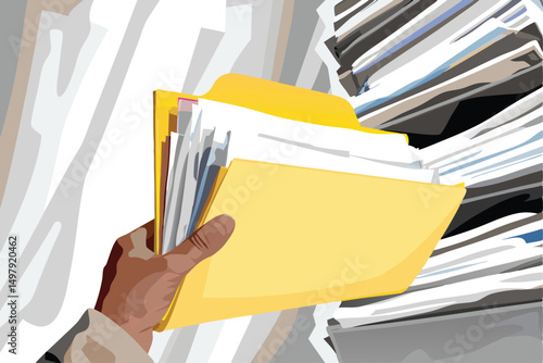 Hand holding a yellow file folder overflowing with documents representing office organization.