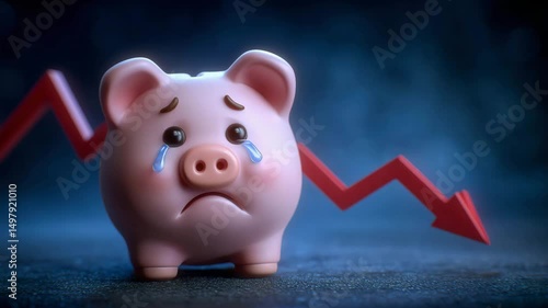A sad piggy bank with tears stands beside a downward red graph arrow, symbolizing financial loss or economic downturn.