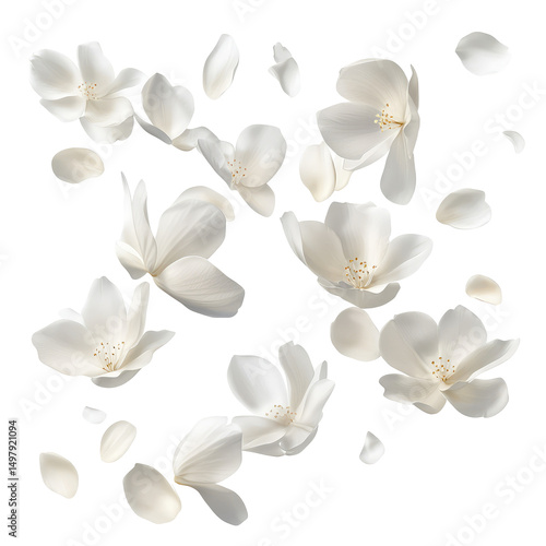 A scattered array of white flowers and petals floating against a stark black background creating contrast on transparent background