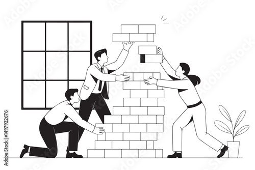 Business Team Building Brick Wall Collaboration