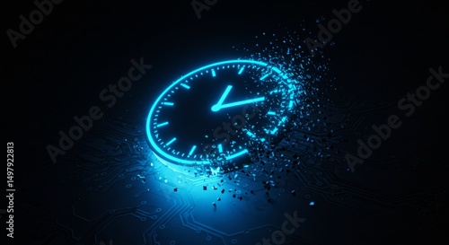 Wallpaper Mural Glowing clock disperses into particles on a circuit board. Dark background Torontodigital.ca