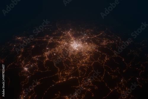 Aerial view on Pristina (Kosovo) from east. Top view on modern city at night from space