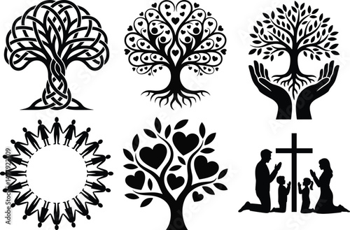 Family Reunion Silhouette Togetherness in Vector Illustration Set. Happy Family Gathering, Large Family Reunion, Family Celebration, Generational Family, Grandparents, Parents & Kids Together.