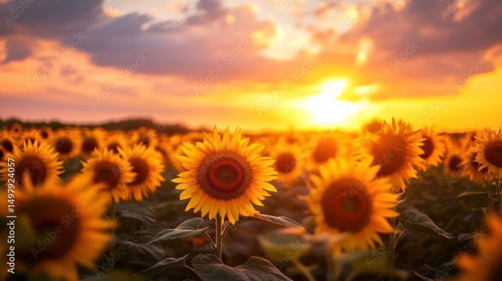 Obraz premium A field of sunflowers basks in the warm glow of the setting sun.