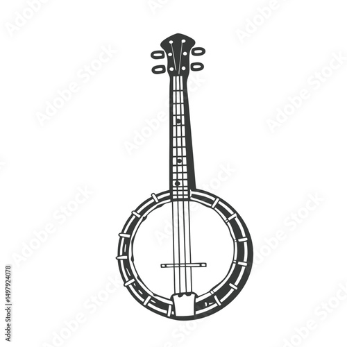 Banjo musical instrument in monochrome style isolated on white background vector illustration. Banjo, stringed acoustic wooden banjo. banjo icon silhouette vector art illustration.
