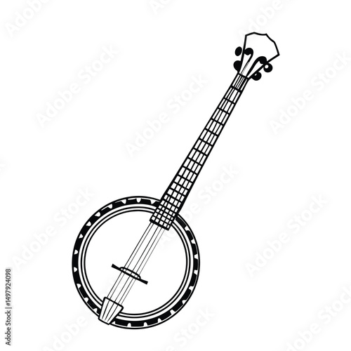 Banjo musical instrument in monochrome style isolated on white background vector illustration. Banjo, stringed acoustic wooden banjo. banjo icon silhouette vector art illustration.