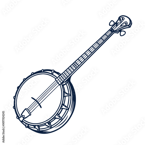 Banjo musical instrument in monochrome style isolated on white background vector illustration. Banjo, stringed acoustic wooden banjo. banjo icon silhouette vector art illustration.