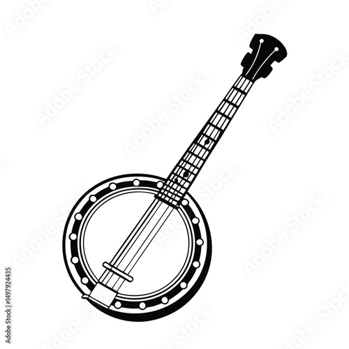 Banjo musical instrument in monochrome style isolated on white background vector illustration. Banjo, stringed acoustic wooden banjo. banjo icon silhouette vector art illustration.