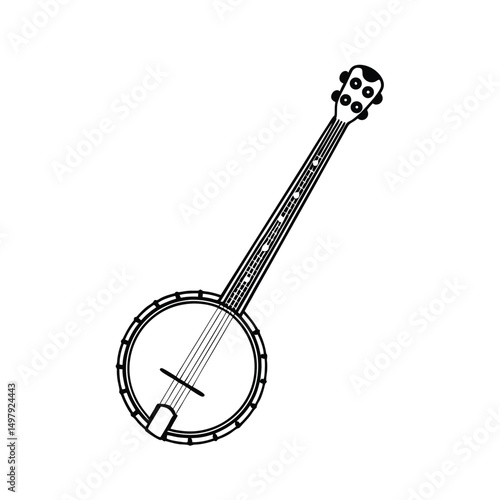 Banjo musical instrument in monochrome style isolated on white background vector illustration. Banjo, stringed acoustic wooden banjo. banjo icon silhouette vector art illustration.