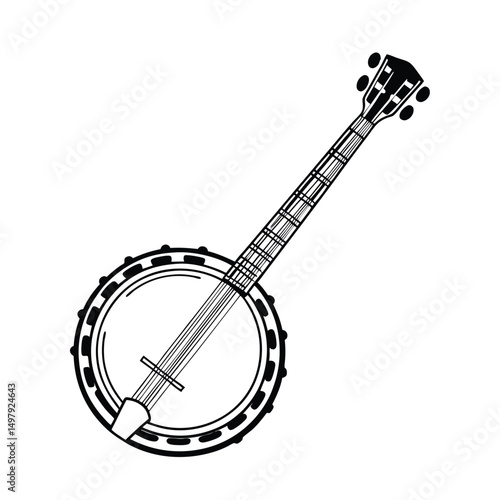 Banjo musical instrument in monochrome style isolated on white background vector illustration. Banjo, stringed acoustic wooden banjo. banjo icon silhouette vector art illustration.