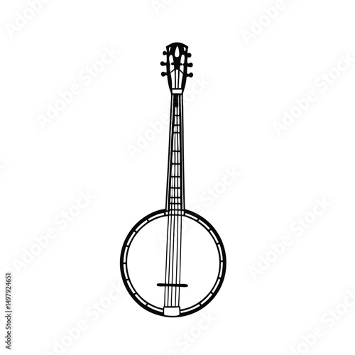 Banjo musical instrument in monochrome style isolated on white background vector illustration. Banjo, stringed acoustic wooden banjo. banjo icon silhouette vector art illustration.