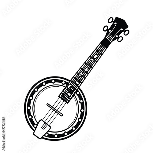 Banjo musical instrument in monochrome style isolated on white background vector illustration. Banjo, stringed acoustic wooden banjo. banjo icon silhouette vector art illustration.
