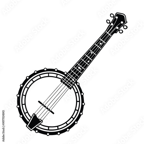 Banjo musical instrument in monochrome style isolated on white background vector illustration. Banjo, stringed acoustic wooden banjo. banjo icon silhouette vector art illustration.