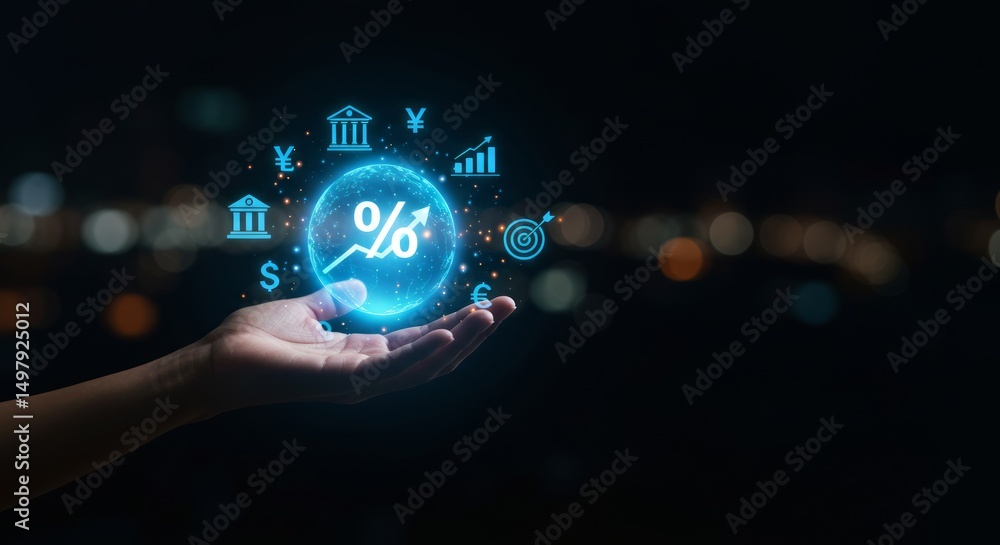Fototapeta premium Hand holding a glowing percentage symbol, surrounded by financial icons