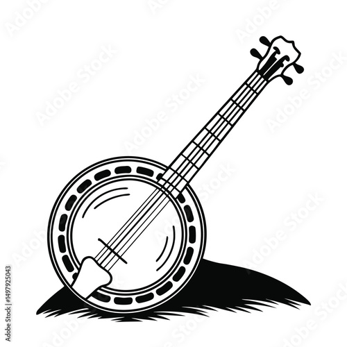 Banjo musical instrument in monochrome style isolated on white background vector illustration. Banjo, stringed acoustic wooden banjo. banjo icon silhouette vector art illustration.