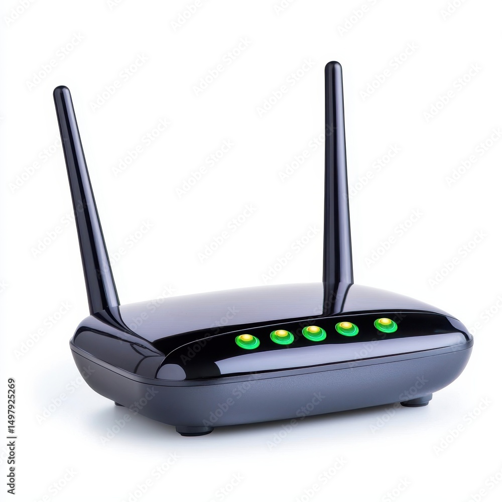 Fototapeta premium Modern black Wi-Fi router with two antennas and active LED indicators, isolated on white background for tech and network themes.
