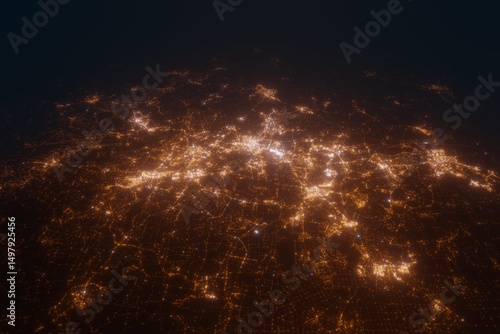 Aerial view on Katowice (Poland) from north. Satellite view on modern city at night