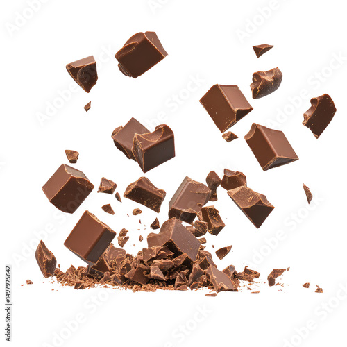 Chocolate chunks and shavings falling or floating against a solid black background in a studio shot on transparent background