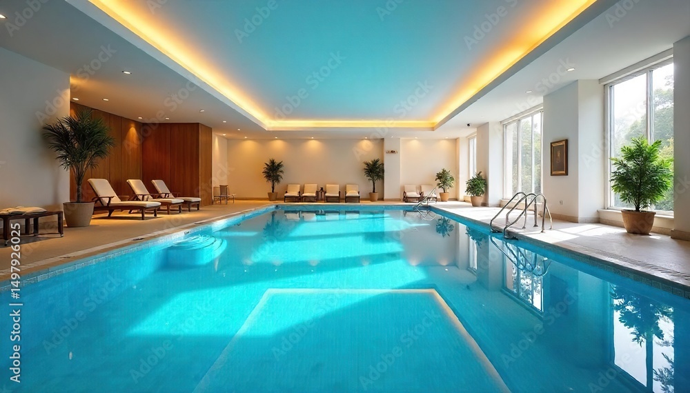 A pristine indoor swimming pool, sparkling blue water reflecting the overhead lights, clean and modern design, inviting atmosphere for relaxation and exercise , clean, fitness, design A pristine indoor swimming pool, sparkling blue water reflecting the overhead lights, clean and modern design, inviting atmosphere for relaxation and exercise , clean, fitness, design