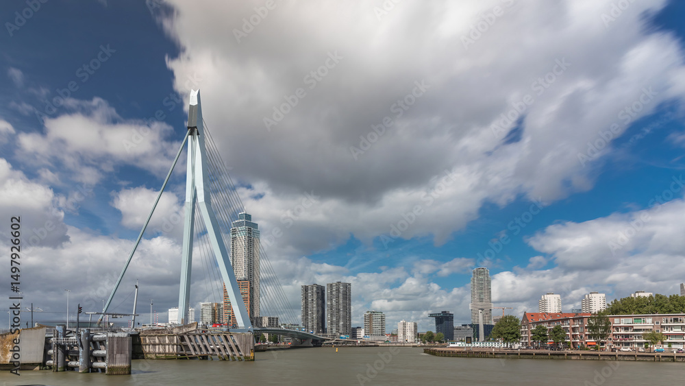 Fototapeta premium Erasmus Bridge timelapse hyperlapse, spanning the Maas River in Rotterdam, Netherlands