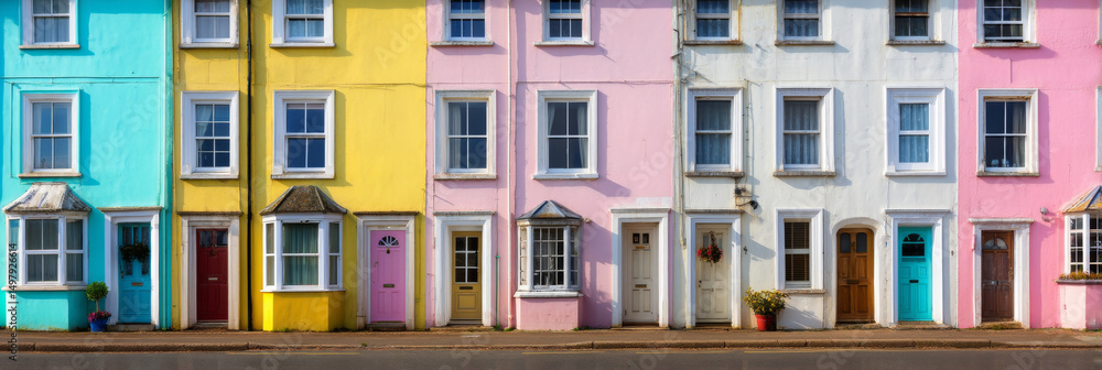 Fototapeta premium Colorful houses line street, showcasing vibrant hues of blue, yellow, pink, and white. Each house features unique doors and windows, creating cheerful and inviting atmosphere