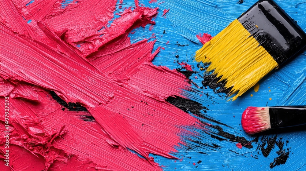 Fototapeta premium Abstract Pink and Blue Paint Strokes with Paintbrushes