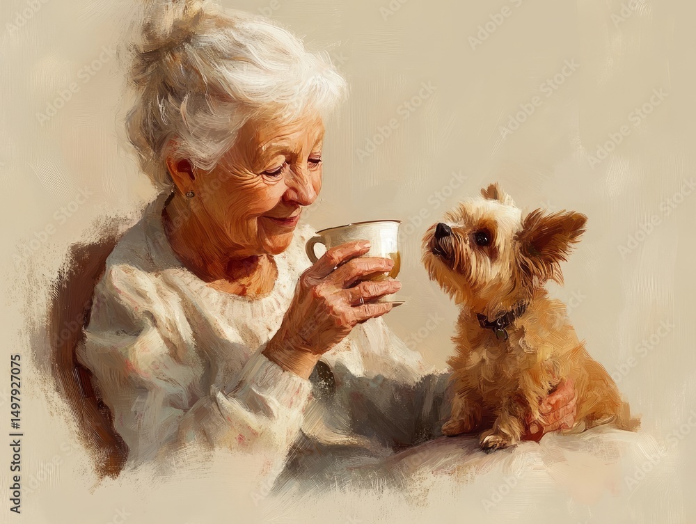 An elderly woman drinking tea with a tiny dog in her lap, isolated on a warm beige background An elderly woman drinking tea with a tiny dog in her lap, isolated on a warm beige background