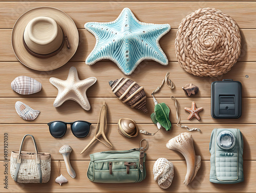 Wallpaper Mural Tropical Travel Accessories Arranged on a Wooden Backdrop Torontodigital.ca