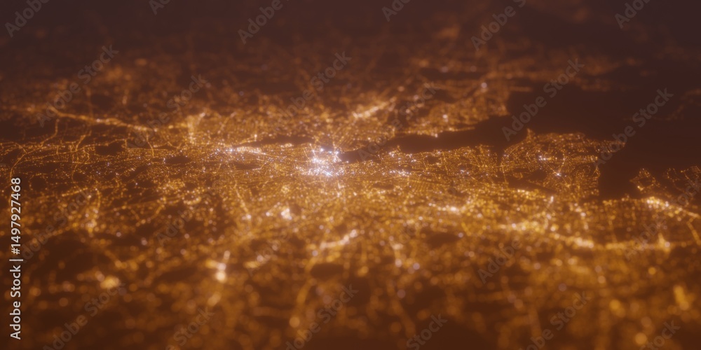 Street lights map of Providence (Rhode Island, USA) with tilt-shift effect, view from west. Imitation of macro shot with blurred background. 3d render, selective focus Street lights map of Providence (Rhode Island, USA) with tilt-shift effect, view from west. Imitation of macro shot with blurred background. 3d render, selective focus