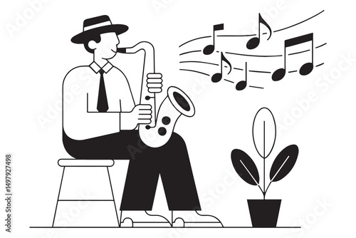 Jazz Musician Playing Saxophone with Music Notes