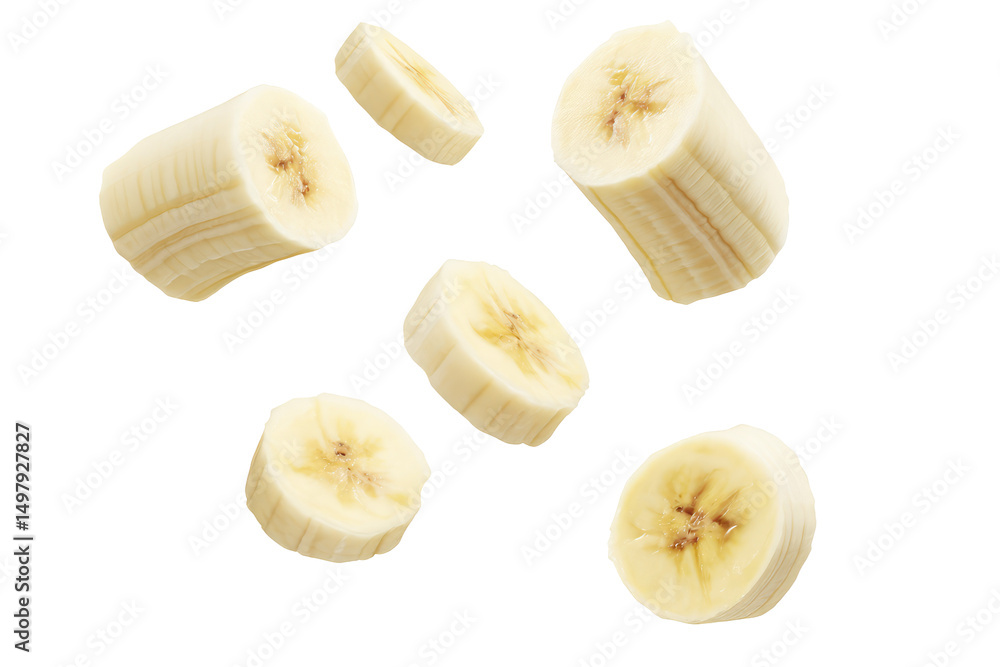 A still life of several banana slices floating against a black background in a studio setting view on transparent background A still life of several banana slices floating against a black background in a studio setting view on transparent background