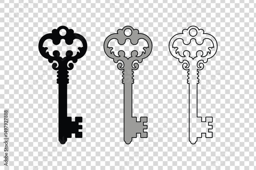 Vintage Key Silhouette Vector Set – Antique Lock Icon in Black, Gray, and Outline Styles.