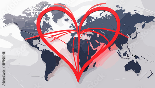 Heart-shaped design overlaying a world map, symbolizing global love and connection