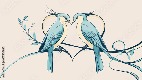 Two lovebirds perched on a branch with a heart shape formed by decorative elements