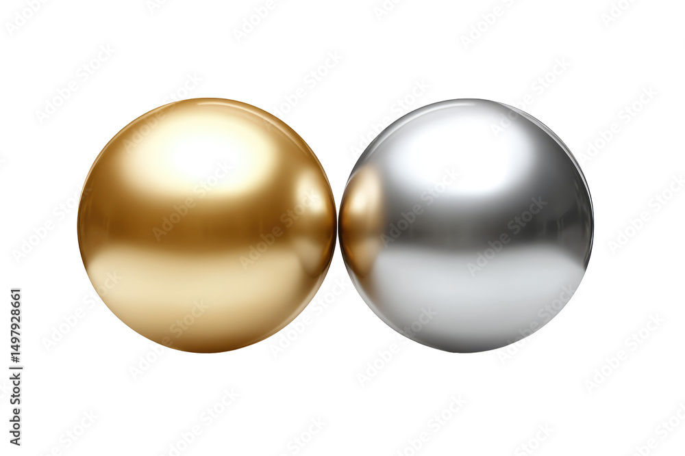 A close up of two metallic spheres one gold and one silver on a plain black background studio shot on transparent background A close up of two metallic spheres one gold and one silver on a plain black background studio shot on transparent background