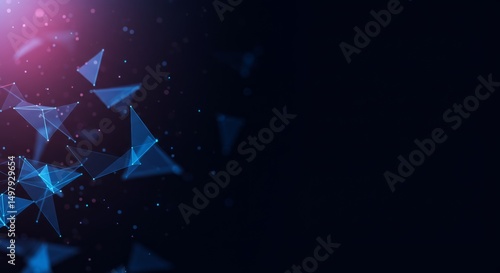 Low poly network of blue triangles against a dark gradient background with pink highlights