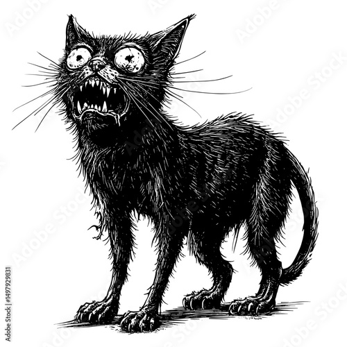 A fiercely drawn, dramatic, animated black cat stands in a haunting pose. Revealing a raw emotion with detailed artwork.