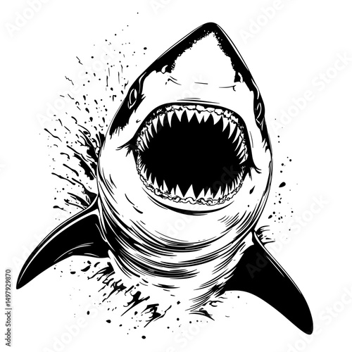 black and white shark with open mouth clip art preview