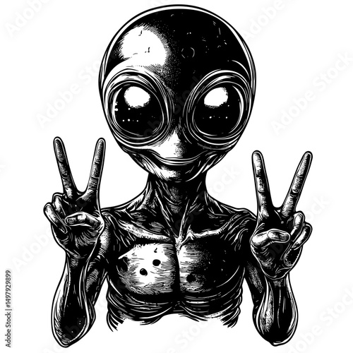 An extraterrestrial being from another planet, captured in a striking illustration, flashing a "peace" sign. vector illustration