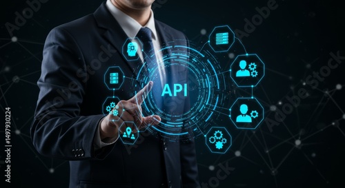 Man in suit interacting with digital API interface. Technology illustrated