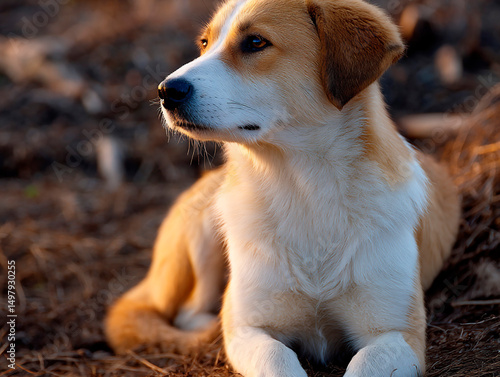 Cute mixed breed dog with white and tan fur lying on dry forest floor during golden hour light
