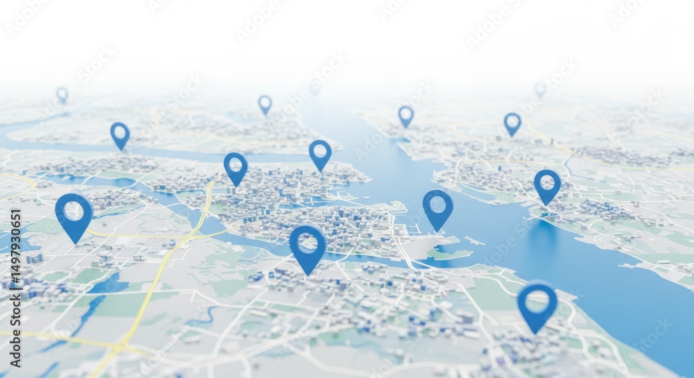 custom made wallpaper toronto digitalMap view with blue pins scattered across a cityscape, indicating many points of interest