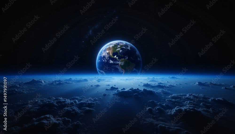 Fototapeta premium Earth viewed from space over clouds in dark atmosphere 