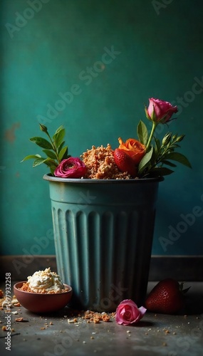 Empty bowl, overflowing trash can, wilted flowers, dim lighting conveys feelings of emptiness, neglect, and lack of appetite associated with depression ,  emotional distress,  bleak,  muted