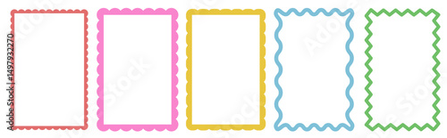collection vertical rectangular frames with scallop edges set. Text boxes with curved borders and Decorative elements in flat style