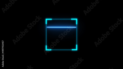 Futuristic digital interface design with blue neon light frame and scanning line on black background ideal for technology and modern concepts